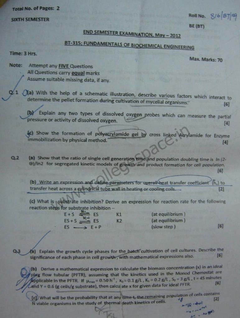 NSIT Question Papers 2012  6 Semester - End Sem - BT-315