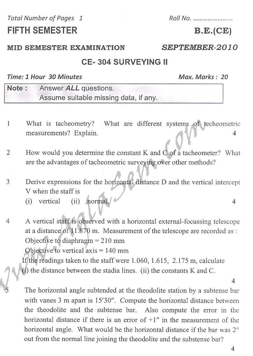 DTU Question Papers 2010 – 5 Semester - Mid Sem - CE-304