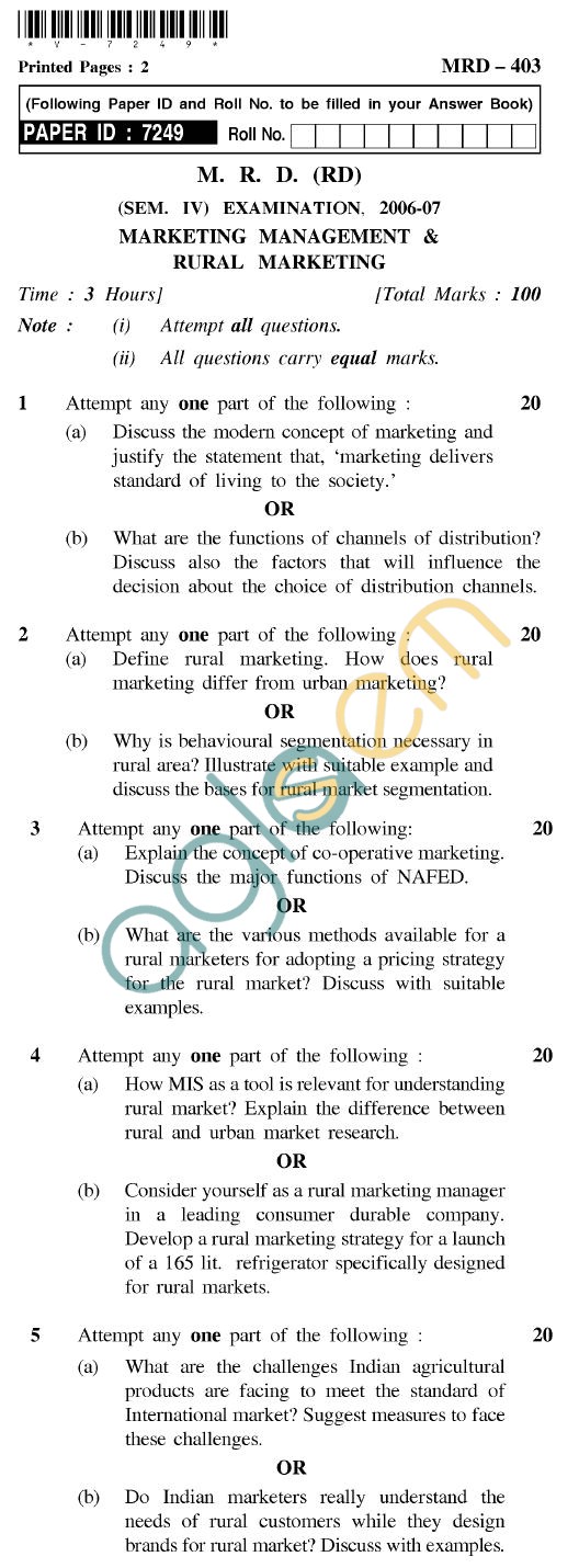 UPTU  MRD (RD) Question Papers - MRD-403-Marketing Management & Rural Marketing