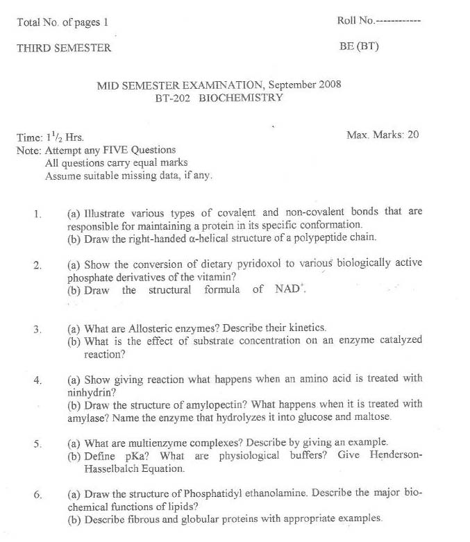 NSIT Question Papers 2008 – 3 Semester - Mid Sem - BT-202