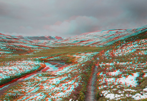 snow cold nature landscape stereophoto 3d melting solitude cloudy path nopeople anaglyph trail backcountry remote wilderness uninhabited darksky pristine stereographic redcyan