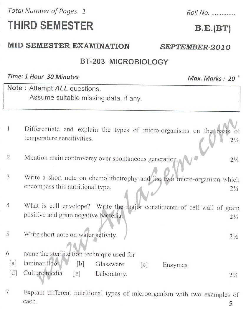 DTU Question Papers 2010  3 Semester - Mid Sem - BT-203