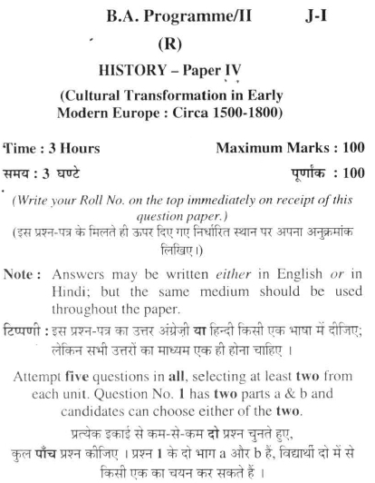 DU SOL B.A. Programme Question Paper - (HS4) Cultural Transformation in Early Modern Europe: Circa 1500-1800 - Paper IX 