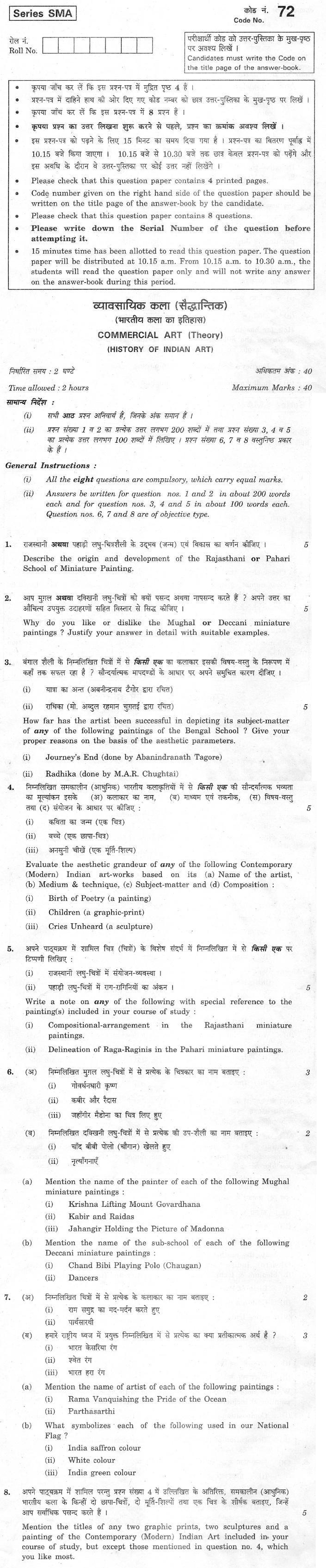CBSE Class XII Previous Year Question Paper 2012 Commercial Art History of Indian Art