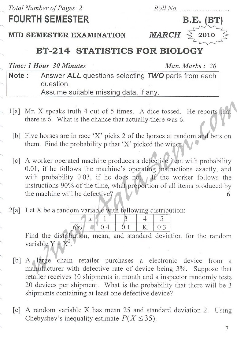 DTU Question Papers 2010 – 4 Semester - Mid Sem - BT-214