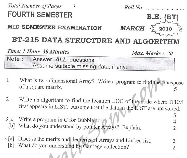 DTU Question Papers 2010 – 4 Semester - Mid Sem - BT-215