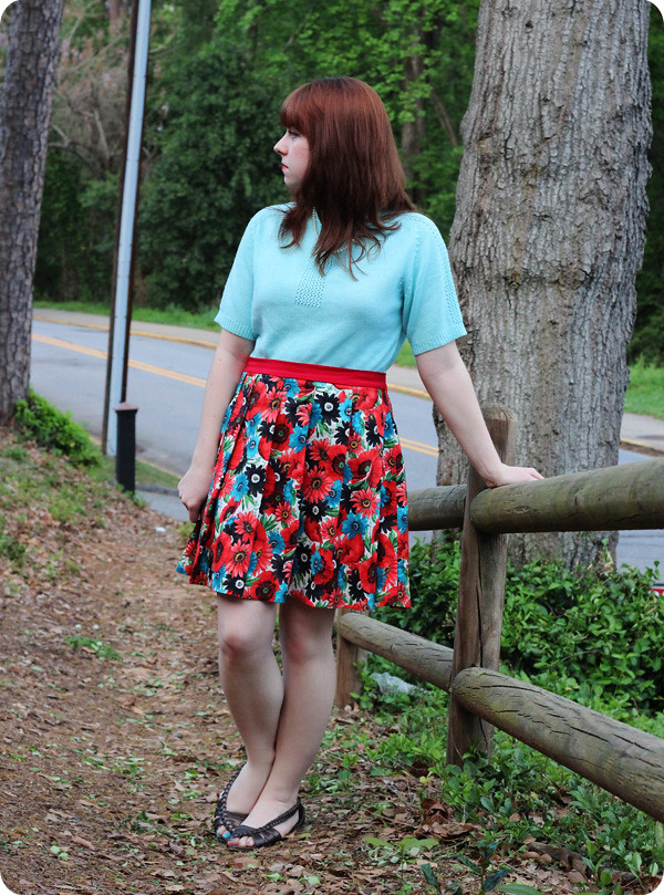 Sky Blue 50s Sweater & a Bold Floral Skirt | Petite Panoply