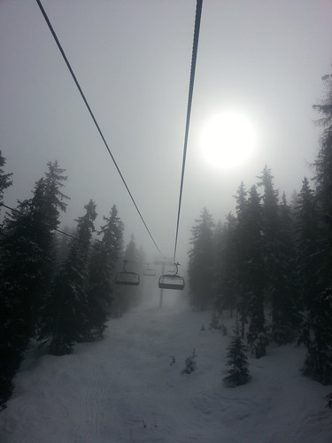 trees sun mist snow fog spring skiing chairlift lesarcs april2013