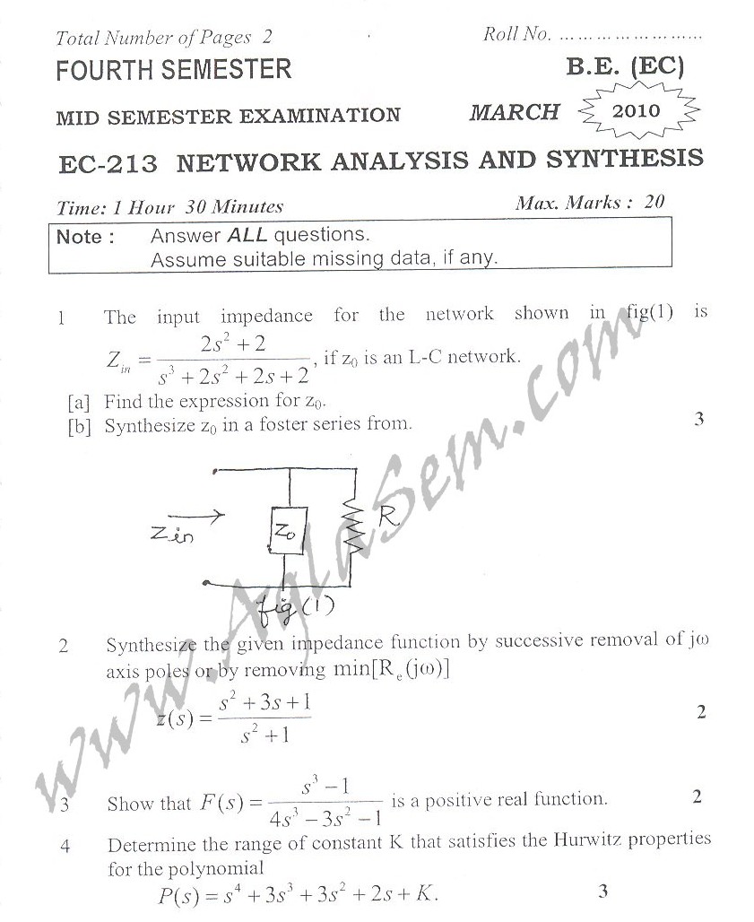 DTU Question Papers 2010 – 4 Semester - Mid Sem - EC-213