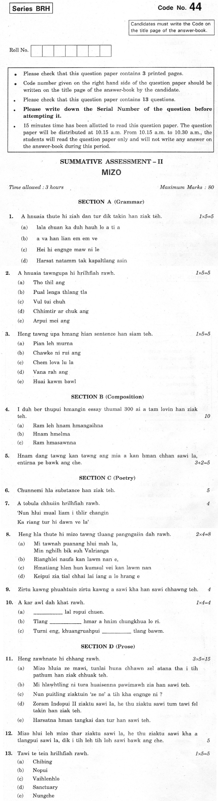 CBSE Class X Previous Year Question Papers 2012 Mizo