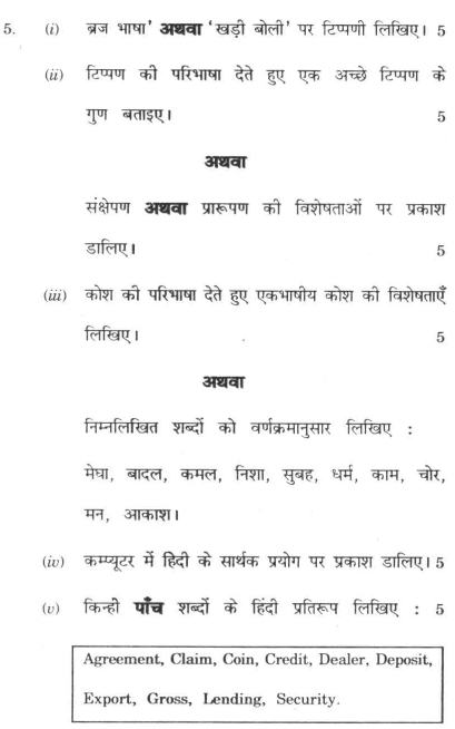 DU SOL B.Com. Programme Question Paper - Hindi A - Paper V