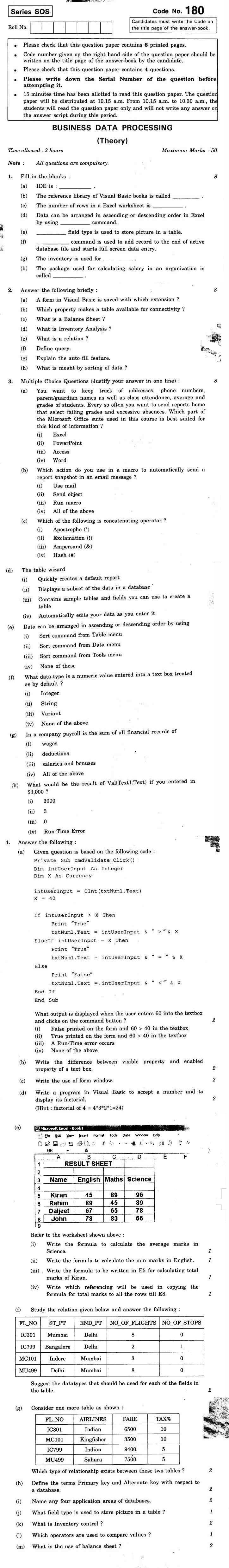 CBSE Class XII Previous Year Question Papers 2011 Business Data Processing