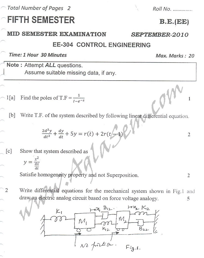 DTU Question Papers 2010 – 5 Semester - Mid Sem - EE-304