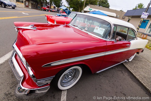 Red & White 1956 Chevy Side Angle