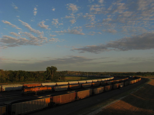 trees sunset sky moon clouds evening tracks overpass trains fields
