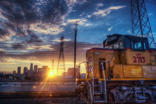 road sunset sky sun skyline clouds yard train buildings golden la los nikon downtown angeles traintracks rail hour locomotive 1855mm hdr highdynamicrange d60