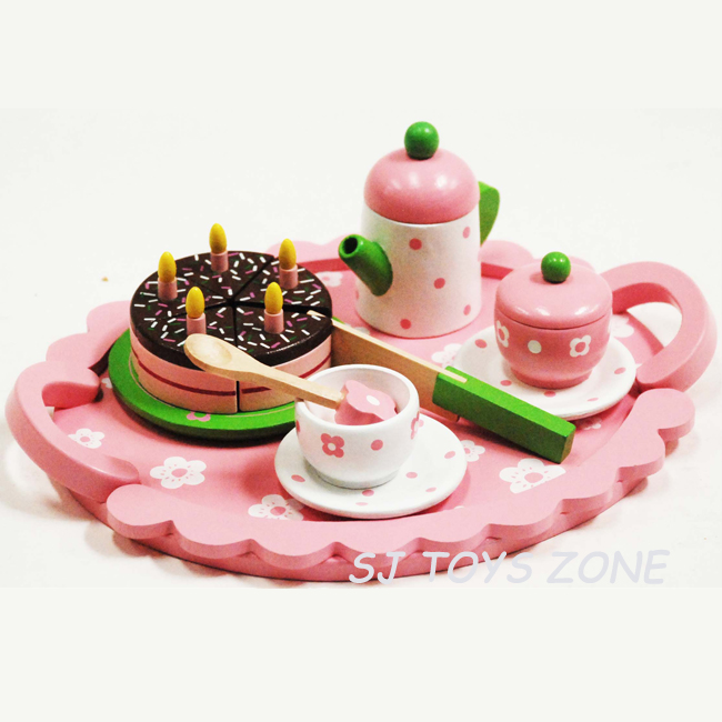 Pink Wooden Pretend Kitchen Tea Tray Set 5 Pcs Cake Jar Cups Knife More