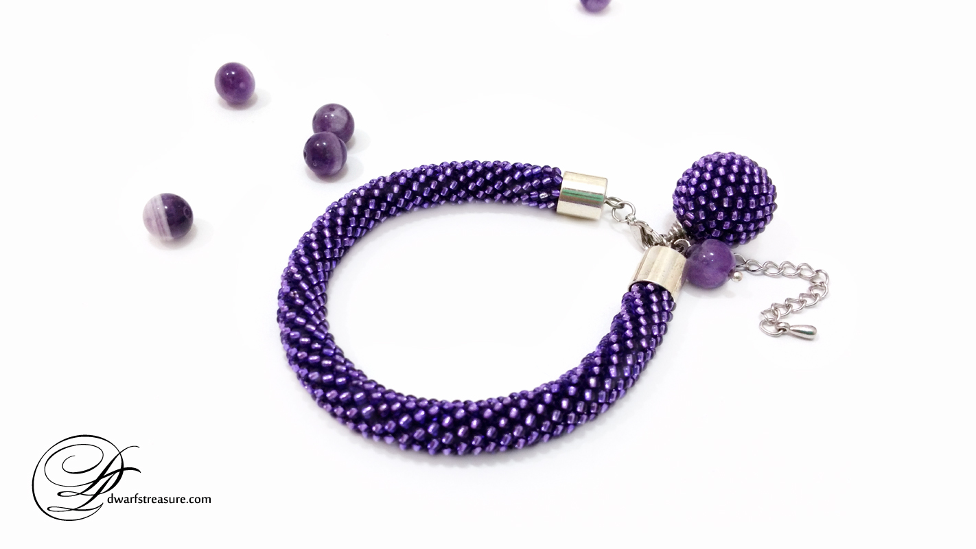 Sophisticated ultraviolet crochet beadwork rope bracelet with real amethyst beads