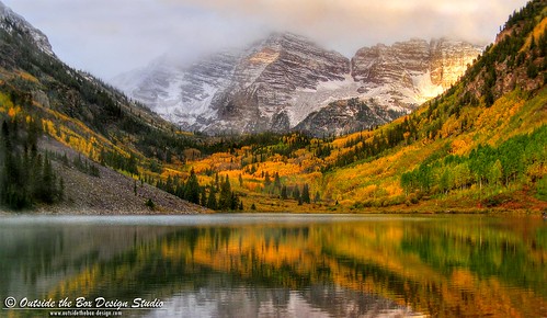 autumn lake snow storm reflection weather yellow fog clouds colorado fallcolors rockymountains aspen firstsnow maroonbells aspencolorado pitkincounty stormclearing