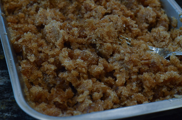 The coffee Granita after it is finished being scraped.