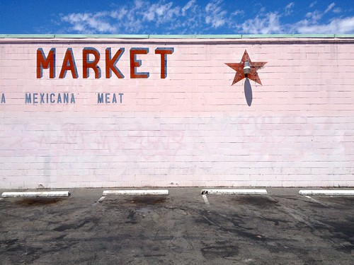 street city pink shadow red food brick sign wall mexicana shopping landscape graffiti star store view market parking letters bluesky meat neighborhood business handpainted lettering grocery stockton coverup