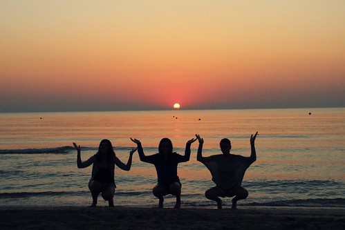 pink girls shadow sea sun beach sunrise fun three funny