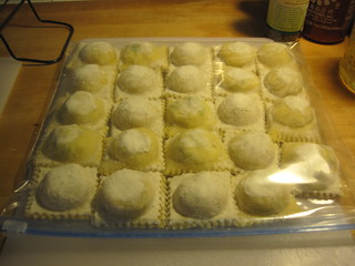 homemade ravioli, dried out and ready to be frozen
