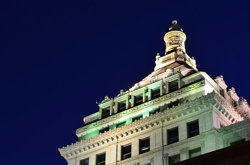 blue autumn windows light white color building green tower fall stone night skyscraper photography evening illinois ancient nikon midwest time dusk landmark historic september clear peoria 2012 commercebank d5100