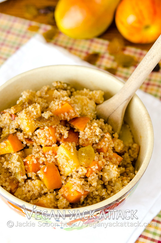 This slightly sweet, roasted fruit bulgur wheat salad serves as a great way to show off the tastes of Autumn. It's also great as a side-dish!