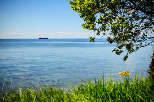 blue sea green grass ship horizon baltic
