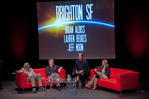 Brian Aldiss, Jeff Noon, and Lauren Beukes on the Brighton SF panel, chaired by Jeremy Keith