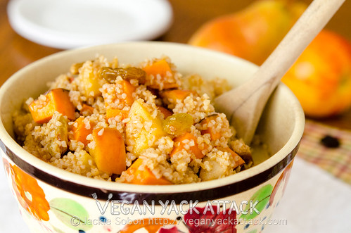 This slightly sweet, roasted fruit bulgur wheat salad serves as a great way to show off the tastes of Autumn. It's also great as a side-dish!