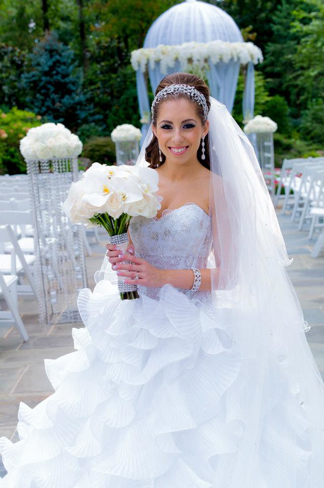 Cathedral veil, ruffle wedding gown, CZ bridal headband, white orchid wedding bouquet