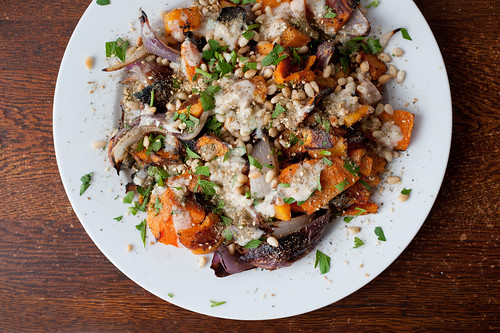 roasted butternut squash and red onion with tahini and za'atar