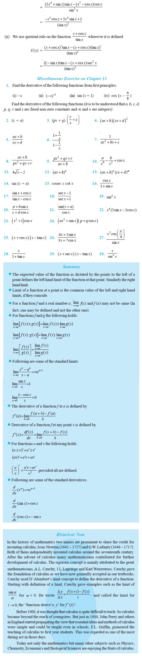NCERT Class XI Mathematics Chapter 13 – Limits and Derivatives