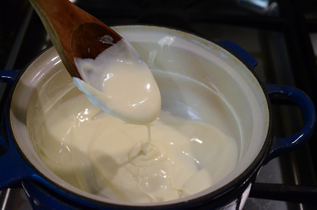 The white chocolate after it has finished being melted.