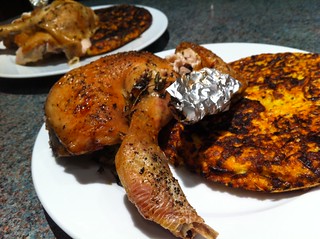 Roast leg of chicken served with low carb rösti