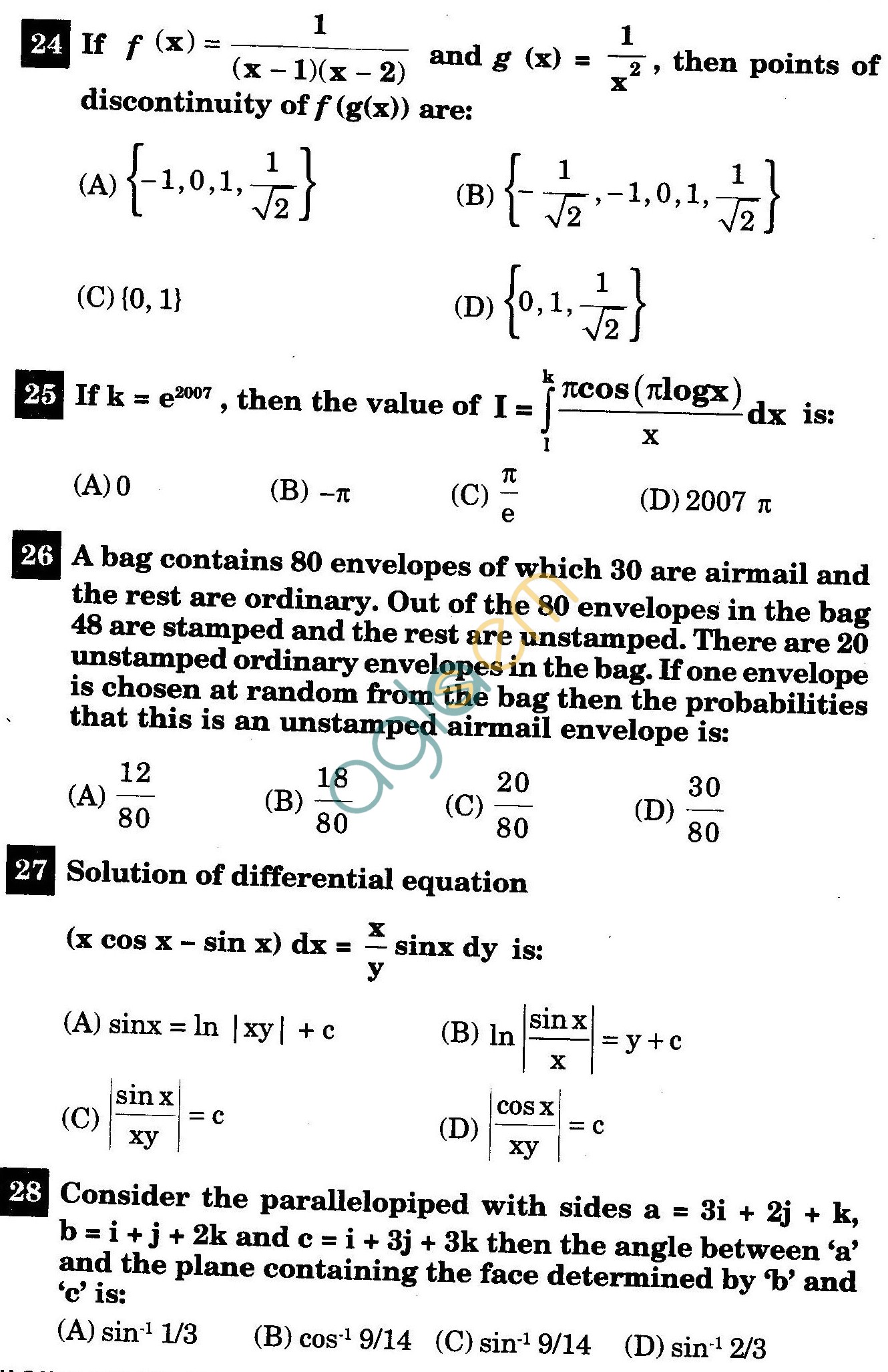 NSTSE 2011 Class XII PCM Question Paper with Answers - Mathematics