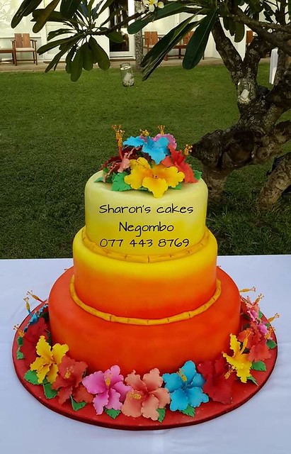 Hibiscus sugar flowers on sunset colour cake. Made for a beach birthday. by Sharone De Lambert of Sharon's Cakes Negombo