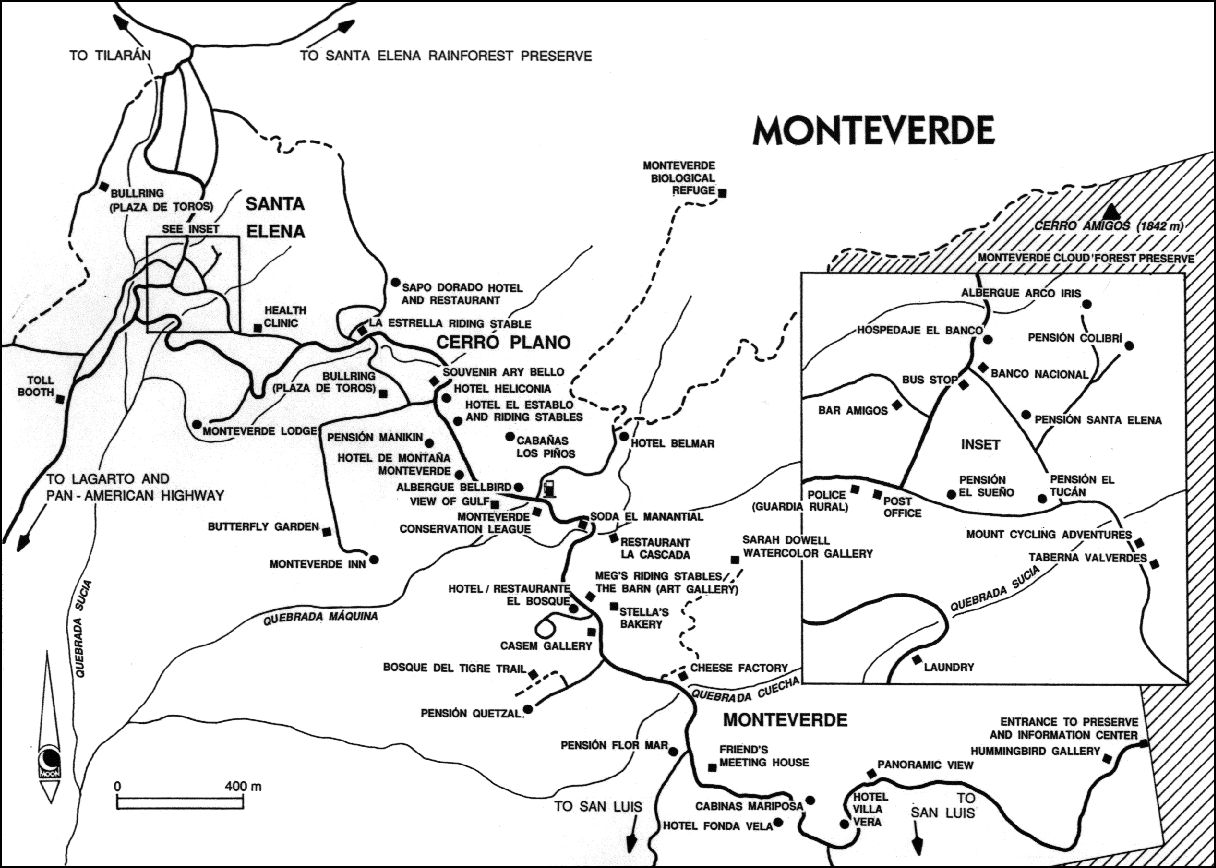 Mapa del Área de Monteverde detallada con alojamientos y actividades (Haz clic para ver el mapa ampliado en Flickr)