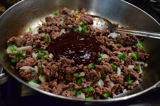 Barbecue sauce is added to the ground beef.