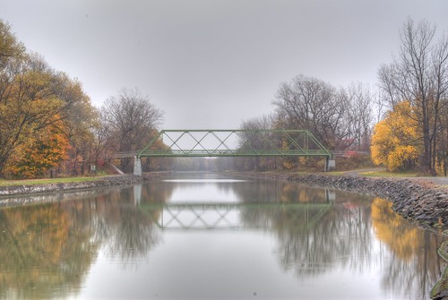 bridge autumn fog day hdr eriecanal orleanscounty holleyfalls holleycanalfalls