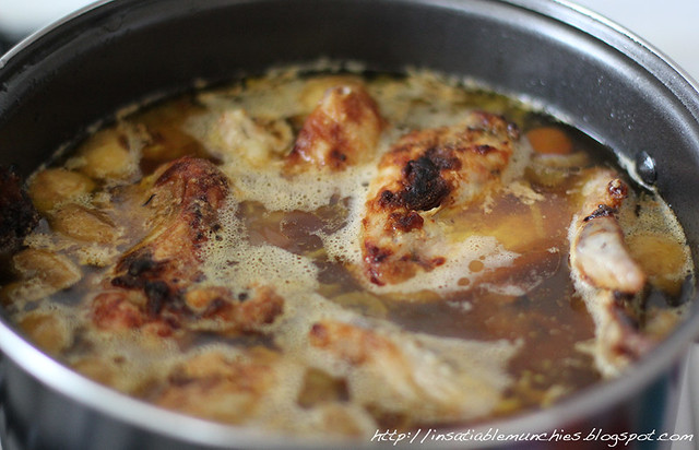 Simmer the chicken stock in a large pot