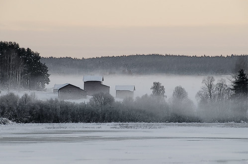winter mist lake snow ice landscape frozen sweden treeline settlement gloaming västernorrland akvissketch skedvik