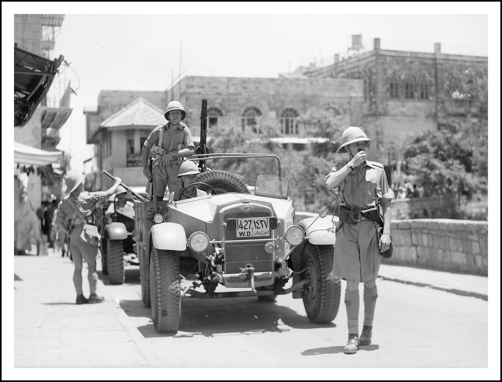 British soldiers (  2nd Battalion Black Watch Regiment  ? ) with Morris Commercial vehicles and Lewis machine guns in Julian Way, at Jaffa Gate July 13, 1938 ( LARGE image )