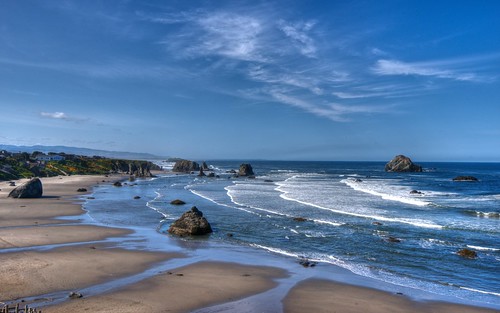 ocean blue sky beach rock clouds oregon landscape coast sand surf pacific formation bandon facebook d800 201205
