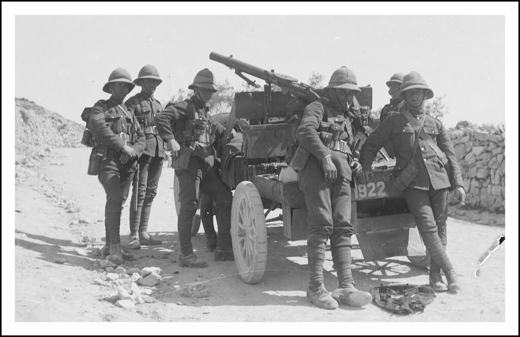 British soldiers  ( Quite possibly from the Alexandra, Princess of Wales's Own Yorkshire Regiment , later The Green Howards) with British Army Ford Model T vehicle with Lewis machine gun  in Palestine - circa   1920
