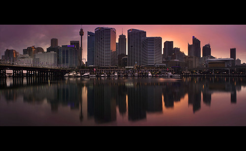 blue sunset red panorama reflection building yellow skyline architecture night sunrise canon lights evening cityscape sydney australia darlingharbour cocklebaywharf 500d rhyspope