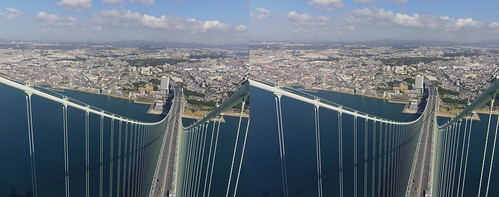 View from the top of Akashi-Kaikyo Bridge toward Kobe (Honshu Island), stereo parallel view