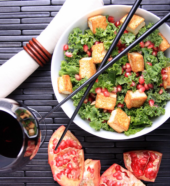 Raw Kale with Tofu Croutons and Pomegranate-Sesame Dressing